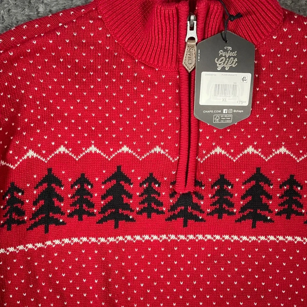 NWT Chaps Mens 1/4 Zip Sweater XL Red Pinetree Ski Holiday Christmas Winter